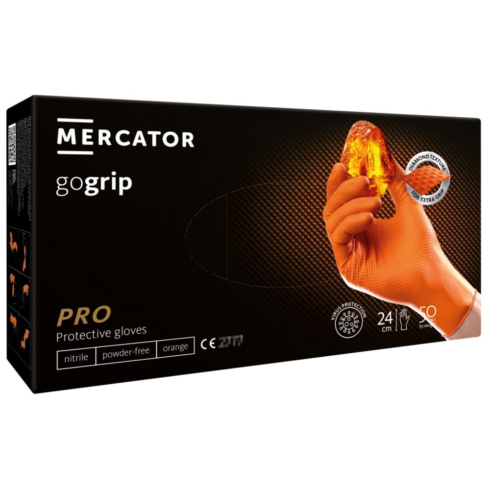 Rękawice robocze nitrylowe, bardzo mocne - GO GRIP (50szt) - pomarańczowe